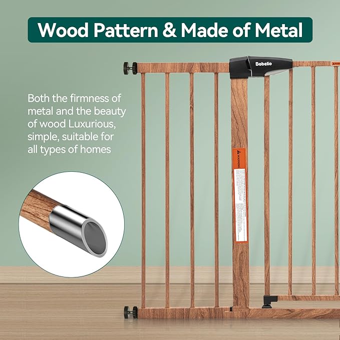 Babelio Metal Auto Close Baby Gate PressGuard P7, 29"-55" Wide Extra Wide Pet Gate for The House and Doorways, Pressure Mounted Walk Thru Child Gate with Door, Brown Wood Pattern