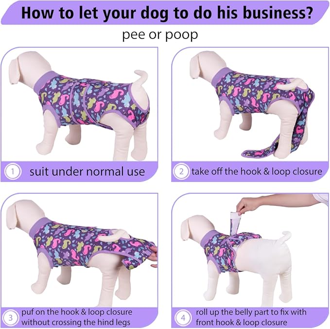 PetWarm Dog Post Surgery Suit Female Spay, Pet Recovery Suit for Dogs, Onesies for Dogs, Substitute E-Collar and Cone, Anti-Licking Dog Onesie for Surgery Female, Dinosaur Pattern, Purple, XS