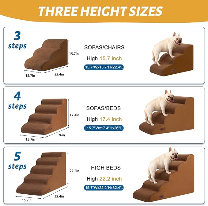 Aodisman 4-Step Dog Stairs and Ramp for Beds or Couches – Non-Slip Sturdy Pet Steps for Small Dogs and Cats,17.4" H,Brown