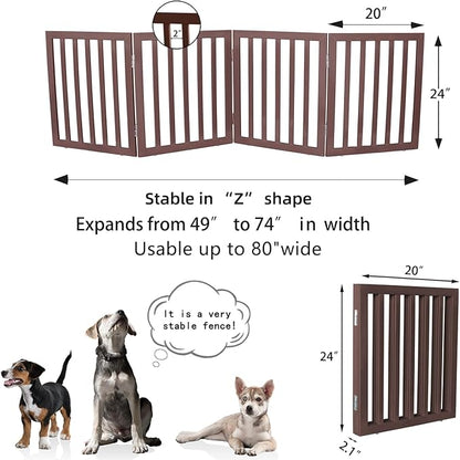 ZJSF Freestanding Indoor Dog Gate for House Foldable Wood Brown Puppy Gate for Doorways Pet Gate for Stairs Extra Wide Pet Fence 24" Height 4 Panels