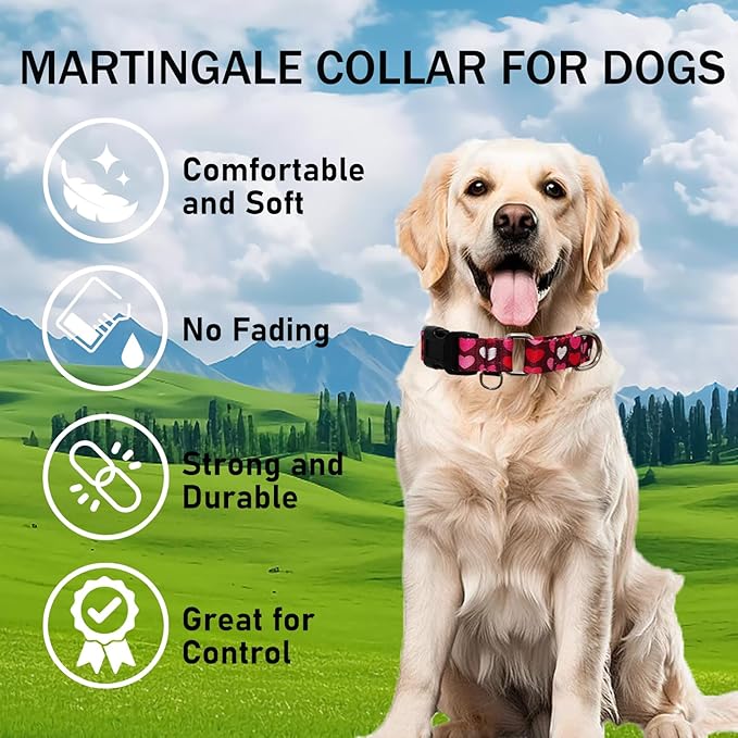 Pink Martingale Collar for Dogs with Buckle Adjustable Heart Valentines Dog Collars (Burgundy Love, Large)
