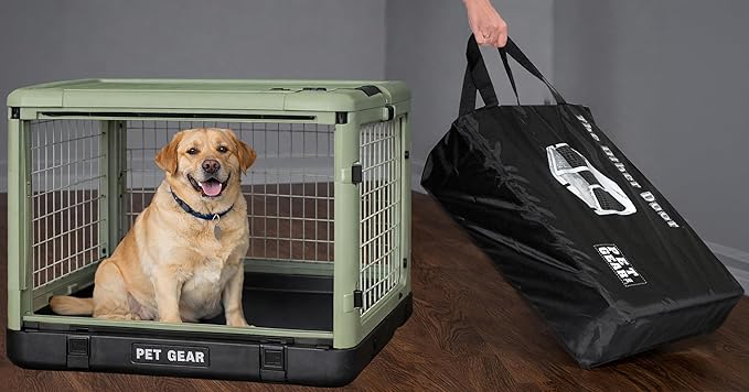 Pet Gear “The Other Door” 4 Door Steel Crate for Dogs/Cats with Garage-Style Door, Includes Plush Bed + Travel Bag, No Tools Required, Green Clover, 36 Inch