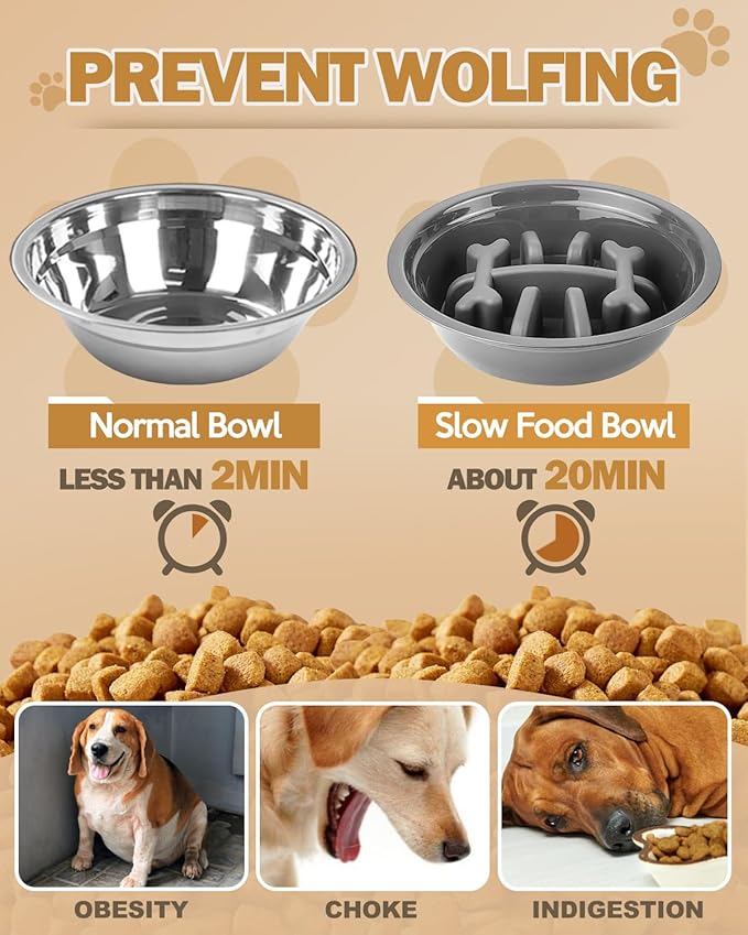 Jovrun Elevated Dog Bowls for Medium Size Dogs with Mat, Non-Slip Dog Feeder with 1*Stainless Steel Dishes & 1*Slow Feeder Bowl, 5 Heights Adjustable Raised Bowls for 3.15″-8.66″-9.84″-11.02″-12.2″