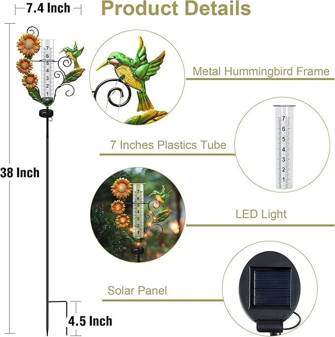 Rain Gauge Outdoor - Solar Rain Gauges with Lights Waterproof Metal Stake Hummingbird & Sunflowers Decorative Rain Gauge Freeze Proof 7" Measuring Cup for Garden Yard Lawn Decor