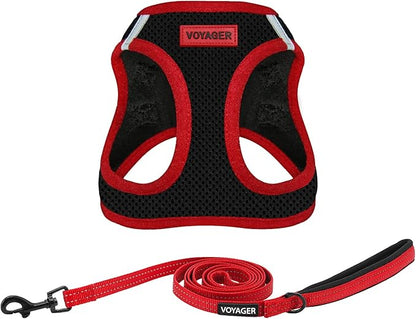 Best Pet Supplies Voyager Step-in Air All Weather Mesh Harness and Reflective Dog 5ft Leash Combo with Neoprene Handle, for Small, Medium and Large Breed Puppies - Set (Red Trim), Medium