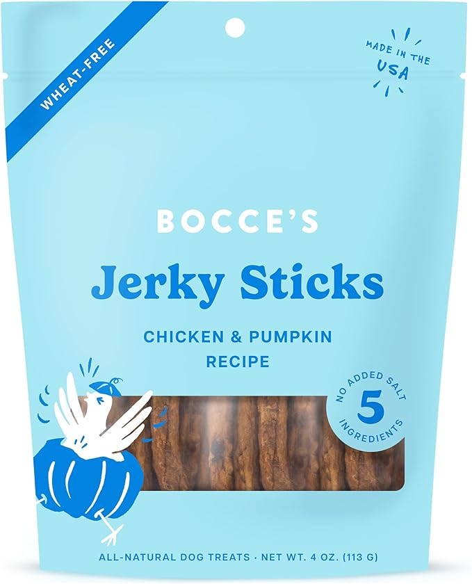 Bocce's Bakery Jerky Stick Dog Treats, Wheat-Free, Made with Limited-Ingredients, Baked in The USA with No Added Salt or Sugar, Natural & High-Protein, Chicken & Pumpkin, 4 oz