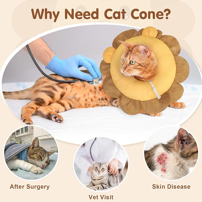 BEAUTYZOO Cat Cone Collars Soft, Cat Recovery E Collars After Surgery to Stop Licking, Adjustable Elizabeth Circle Collar Cute Pet Donut Pillow for Cats Kitten Small Dogs, Lion M