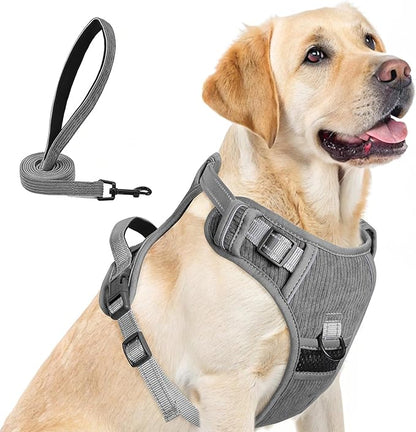 BEAUTYZOO No Pull Dog Harness Large, Adjustable Dog Harness and Leash Set -Easy Wearing with 3 Buckles/Control Handle,No Choke Soft Padded Reflective Pet Vest for Training Walking Hiking,Grey L