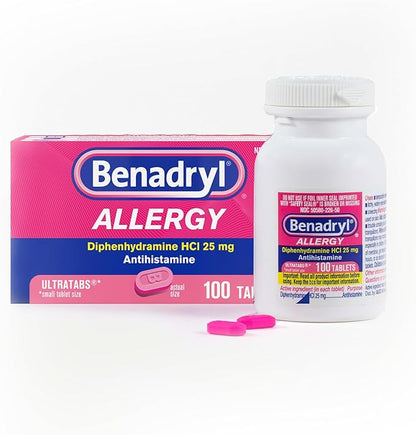 Benadryl Ultratabs Allergy Medicine, 25 mg Diphenhydramine HCl Antihistamine Tablets For Cold & Allergy Relief of Symptoms Like Sneezing, Runny Nose, Itchy Eyes & Throat, Hay Fever, 100 Count Tablets