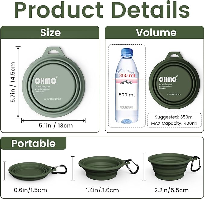 OHMO Collapsible Dog Water Bowls w/Built-in Stainless Steel Ring – 2pcs Small 12oz/400ml Portable Silicone Pet Feeding Bowl for Hiking, Camping, Travel