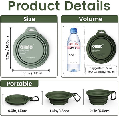 OHMO Collapsible Dog Water Bowls w/Built-in Stainless Steel Ring – 2pcs Small 12oz/400ml Portable Silicone Pet Feeding Bowl for Hiking, Camping, Travel