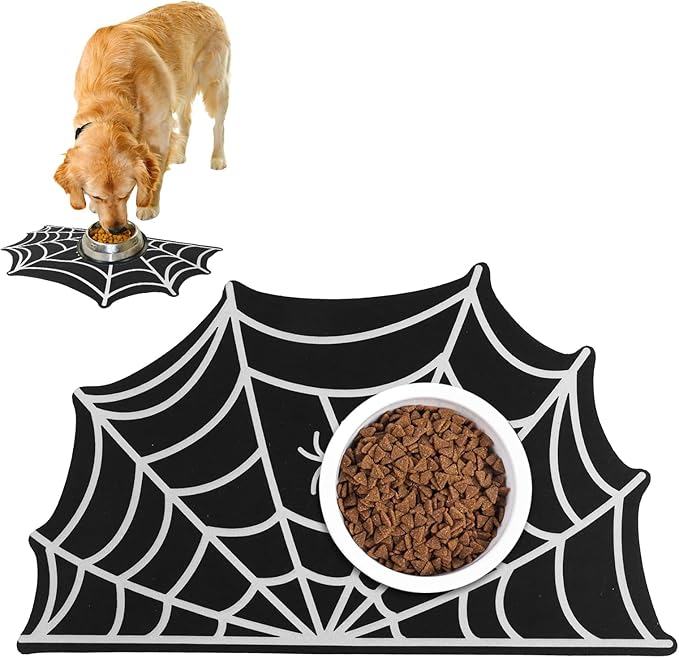 Dog Cat Food & Water Mat, Spider Web Pet Feeding Mat for Floor Non-Slip Waterproof, Super Absorbent Quick Dry Placemat Pet Food Bowl Mat, Halloween Decor, Pets Accessories Indoor (12 * 20 in)