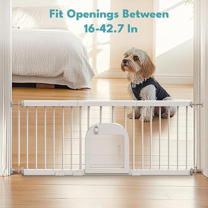 No Pawblems Dog Gate with Small Pet Door, 16"-42.7" Adjustable Metal Short Dog Gate to Step Over, 16.5" Tall Small Pet Gate with 3 Extension Kits, Pressure Mounted Gate for Doorways & Stairs, White