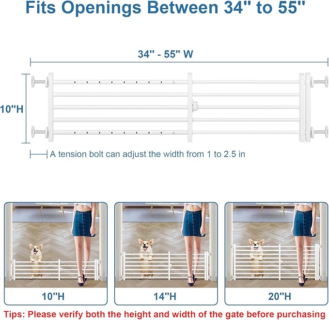 Malier Indoor Dog Gate with Door, 34-55" Extra Wide Full Metal Pet Gate Short Dog Gate for Stairs, Pressure Mount 10'' Tall Small Puppy Low Gate Easy Step Over for Doorways
