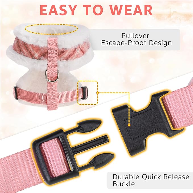 SCENEREAL Small Dog Harness Collar and Leash Set, Mesh Plush No Pull Puppy Vest Harness, Warm Fleece No Chock Small Pet Halter for Outdoor Walking Training, Pink Plaid XS