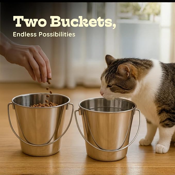 6 quart Heavy Duty Stainless Steel Round Bucket with Handle 2 Pcs | 1.5 gal Sturdy Food & Water Bowl for XL Dog Goat sheep & Livestock | Fits kennel Crate Cage Farm | Hanging Utility Pail