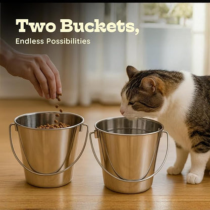 6 quart Heavy Duty Stainless Steel Round Bucket with Handle 2 Pcs | 1.5 gal Sturdy Food & Water Bowl for XL Dog Goat sheep & Livestock | Fits kennel Crate Cage Farm | Hanging Utility Pail
