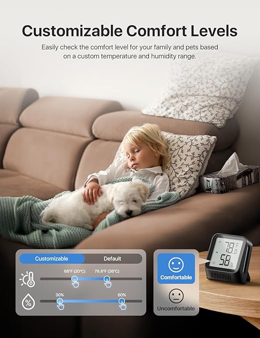 X-Sense WiFi Thermometer Indoor Hygrometer, Digital Temperature Sensor with App Control, Notification Alerts, Temperature Humidity for Bedroom, SBS50 Base Station Required (Not Included), Black