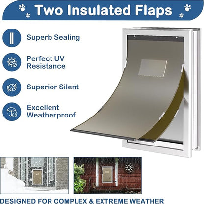 Extra Large Dog Door, XL Dog Door with 2 Self-Closing Insulated Flaps for Extreme Weather, Heavy Duty Aluminum XXL Dogs Doors for Pets Up to 230LBS, for Interior & Exterior Doors, X-Large, Sliver