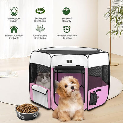 X-ZONE PET Dog Playpen Portable Pet Play Pens for Puppies, Cat, Rabbit, Chicks, Foldable Exercise Play Tent Kennel Crate, Indoor/Outdoor Travel Camping Pink Medium