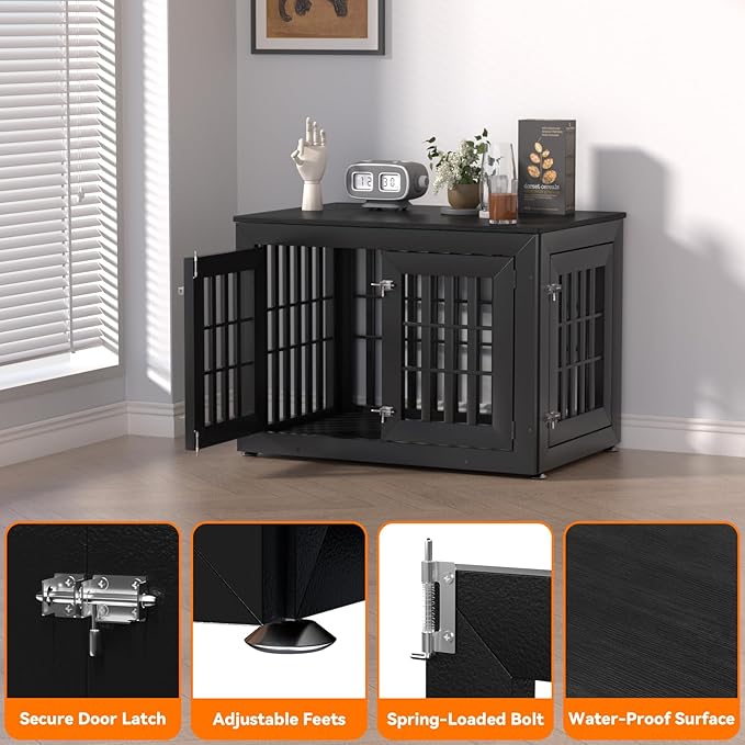 Snuowu 38" Heavy Duty Dog Crate Furniture for Small,Medium and Large Dogs,Rustic Wooden Dog Cage Kennel Indoor Furniture with Waterproof Top,Decorative Pet House Side End Table (Black)