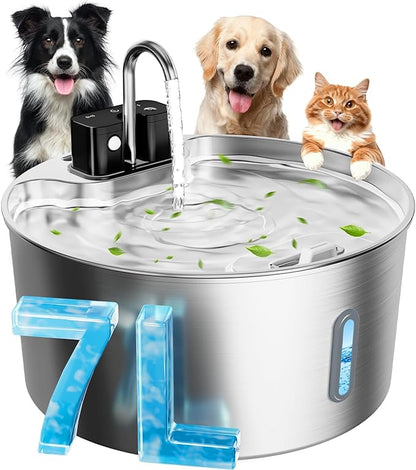 Dog Water Fountain for Large Dogs, 7L/1.8Gal 4200mAh Cordless Water Dispenser for Dogs, Stainless Steel Automatic Pet Water Fountain Indoor/Outdoor with Ultra-Quiet Pump Multi-Filter, Easy Clean
