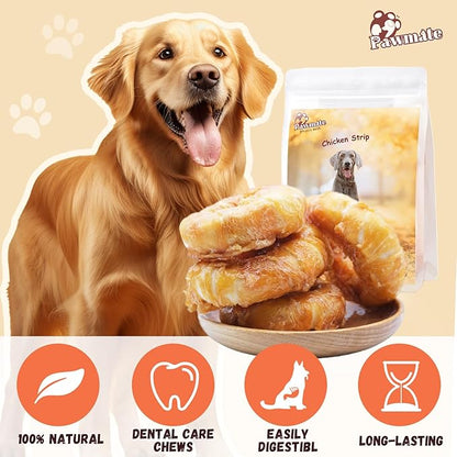 Pawmate Dog Treats Large Breed, Chicken Wrapped Rawhide Donut Rings, Rawhide Dog Chews Long Lasting, Grain Free Training Snacks with Taurine for Medium Large Dogs, 4 Counts