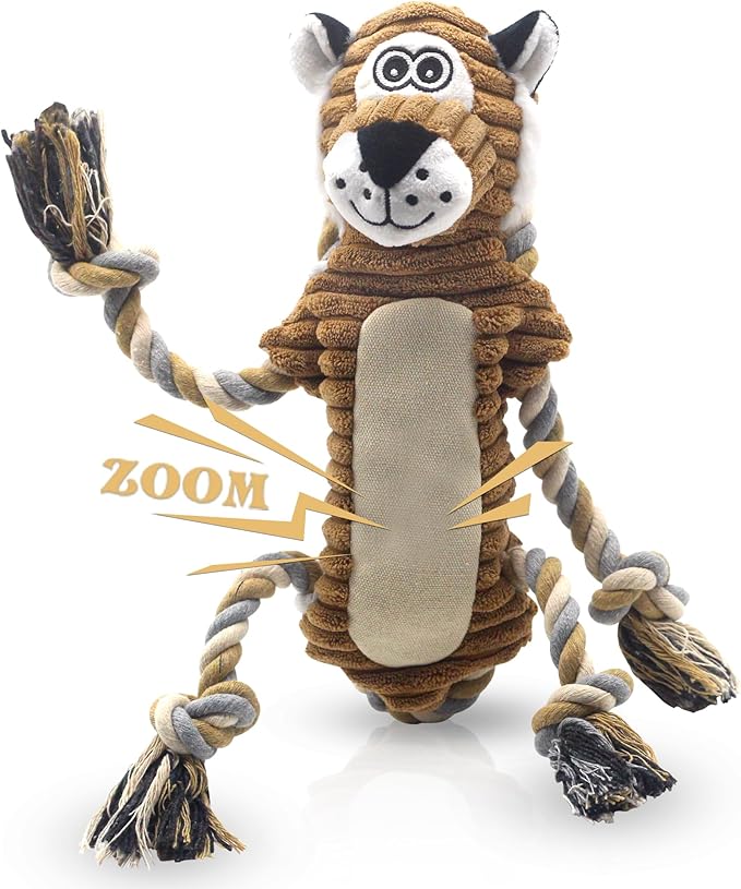 BUYPOW Squeaky Dog Toys, Interactive Tug of War Puppy Toys, Funny Plush Dog Chew Toys, Stuffed Dog Toys for Small,Medium and Large Dogs - Lion