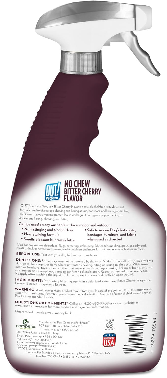 OUT! PetCare No Chew Bitter Cherry Flavor Deterrent, Puppy Training, No Chew Spray for Dogs, Dog Training To Discourage Licking and Chewing, Non-Staining, Behavior Correction, Puppy Essentials, 32 oz
