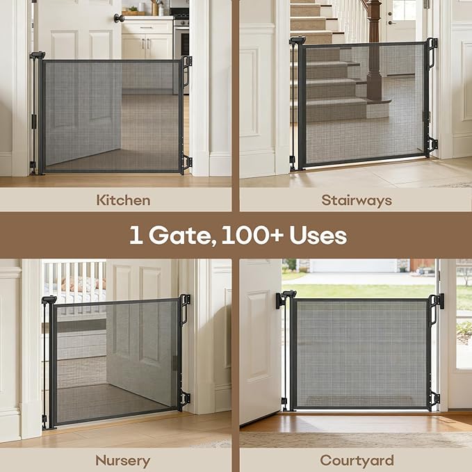 SPACEANY Retractable Safety Baby Gate or Mesh Dog Gate,Durable Portable Mesh Retractable Gate,Easy to Use for Stairs, Doorways, Hallways, Indoor, Outdoor, 33.5" Tall, Up to 55" Wide, Black