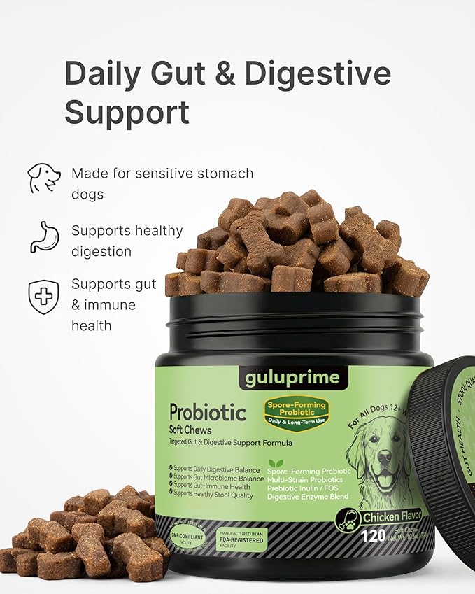 Probiotics for Dogs – Digestive & Gut Health Support, Dog Probiotic Chews with Spore-Forming Bacillus Coagulans, Multi-Strain Lactobacillus + Prebiotic Inulin, Chicken Flavor, 120 Soft Chews