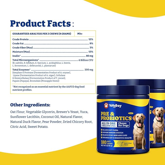 Probiotics for Dogs - Dog Probiotics for Digestive Health, Yeast, Itchy Skin, Gut Health, Immune & Skin - 6 Billion CFUs, Duck & Pear Flavor - with Prebiotics & Digestive Enzymes, 2 Pack