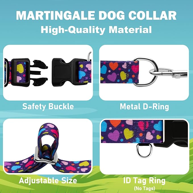 Valentines Martingale Collar for Dogs with Buckle No Pull Adjustable Nylon Limited Slip Training Dog Collars (Purple Love, Medium)