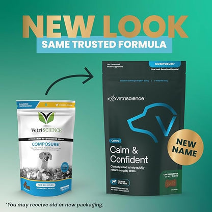 VetriScience Calm & Confident Chews, Composure Clinically Tested Calming & Anxiety Supplement for Dogs, Reduce Stress and Fear, Ideal for Thunderstorms, Fireworks & Travel 120 Count (Pack of 2)