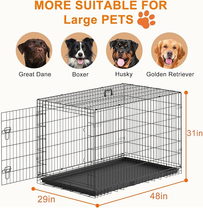 FDW XL Dog Crate 48inch Dog Cage Foldable Metal Kennel with Leakproof Tray Foldable Design Indoor Outdoor Use for Extra Large Dogs,Black