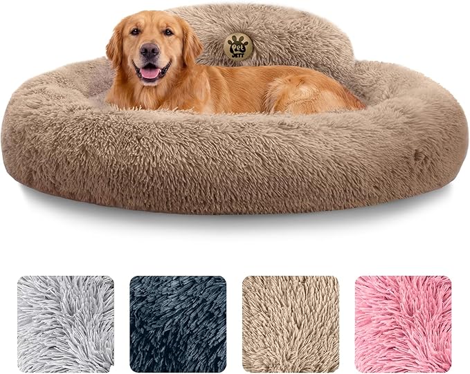 PetJett Large Dog Bed - 36'' Calming Donut Dog Beds, Anti-Slip & Washable Large Round Bed, Fluffy Faux Fur Pet Bed, Super Soft Anti-Anxiety Premium Comfort Bed, Fits Dogs up to 80 lbs - Beige