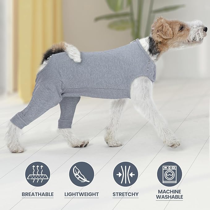 IDOMIK Dog Recovery Suit,Dog Leg Sleeve to Stop Licking Rear Legs,Thigh Wound Protective Sleeve,Male Female Pet Surgical Clothes,Doggy Surgical Suit with Pants Cover,Cone Collar Alternative,2XL,Grey