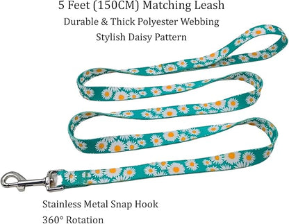 Dog Collar and Leash Set, Cute Daisy Pattern, Polyester Material, 5ft Leash, for Large Dogs.(Large,Green Daisy)