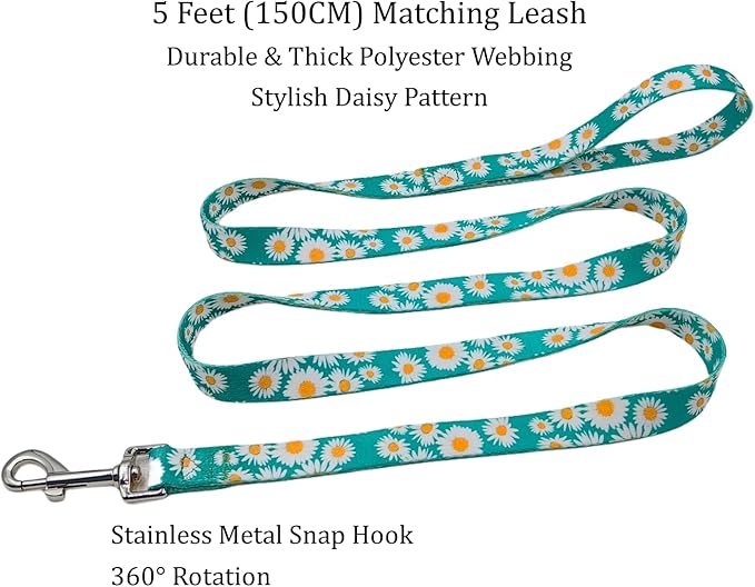 Dog Collar and Leash Set, Cute Daisy Pattern, Polyester Material, 5ft Leash, for Puppy Dogs.(Extra Small,Green Daisy)