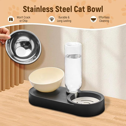 Marchul Stainless Steel Dog Cat Bowls, 15° Tilted Elevated Cat Food and Water Bowl Set with 500ml Gravity Bottle for Small Medium Pets, Leak-Proof