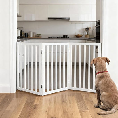 ZJSF Freestanding Indoor Dog Gate for House Foldable Wood White Puppy Gate for Doorways Pet Gate for Stairs Extra Wide Pet Fence 32" Height 3 Panels