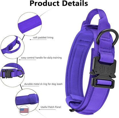 DAGANXI Tactical Dog Collar, Adjustable Military Training Nylon Dog Collar with Control Handle and Heavy Metal Buckle for Medium and Large Dogs, with Patches and Airtags Case (Purple-Set, L)