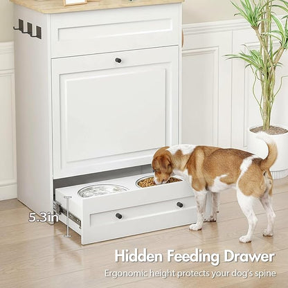 Elevated Dog Feeding Station with Storage Cabinet, 5.3" Pull-Out Hidden Bowls, Dog Food Organizer for Medium Large Dogs with Slow Feeder, Stainless Steel Bowls & Side Hooks (White)