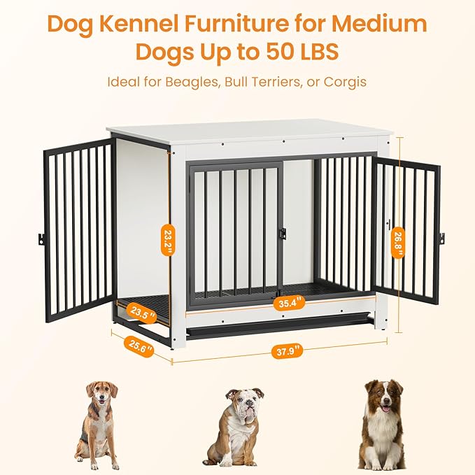 Derfullo Dog Crate Furniture, 38 Inch Indoor Dog Kennel for Medium Dogs Up to 50 LBS, Heavy Duty Wooden Pet Cage End Table with 3 Doors, Alloy Steel Frame & Removable Tray