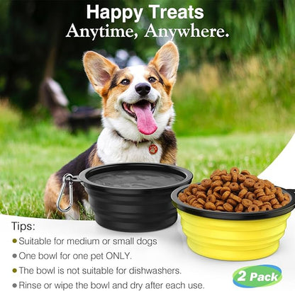 Pawaboo Collapsible Dog Bowls 2 Pack, Silicone Feeding Watering Bowls with Lids & Carabiners for Dogs Cats, Portable Water Feeder Food Bowl for Walking Traveling Home Use, Yellow + Black