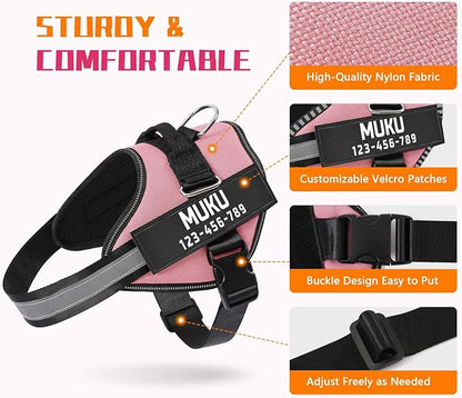 MUMUPET Custom Dog Harness Vest with 2 Personalized Name & Phone Patches, No Pull Reflective Adjustable with Handle, Soft Breathable Padding for Medium Dogs (Pink, M)