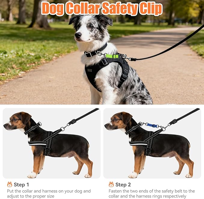 Dog Collar Safety Clip, Reflective Double-Ended Backup Connector for Harness to Collar, Adjustable Safety Clip for Prong, Pinch Collars, Prevents Escapes & Accidental Disconnection