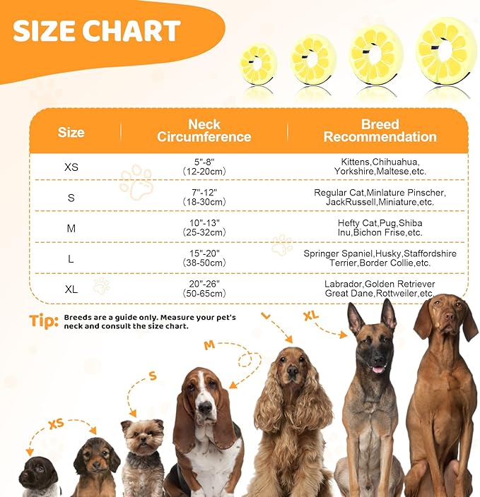 Adjustable Inflatable Dog Cone Collar for Surgery Recovery, Soft Cone for Dogs & Cats, Portable & Washable Dog Donut Collar, Large Cat Cone E Collar (Yellow M)