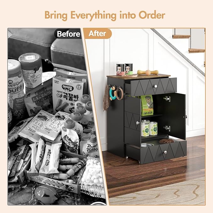 Pet Feeding Station with Storage, Raised Dog Bowls, Pet Feeder Cabinet, with Adjustable Shelves, Rolling Drawer, Hooks, for Feeding & Watering Supplies (Black)