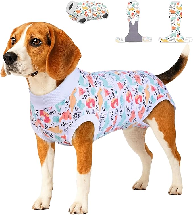 PetWarm Surgery Shirts for Dogs, Dog Coat's Inner Clothes, Bodysuit for Abdominal Affected Areas Sensitive Skin Areas, E-Collar and Dog Cone Alternative After Surgery, Dinosaur Pattern, White, M